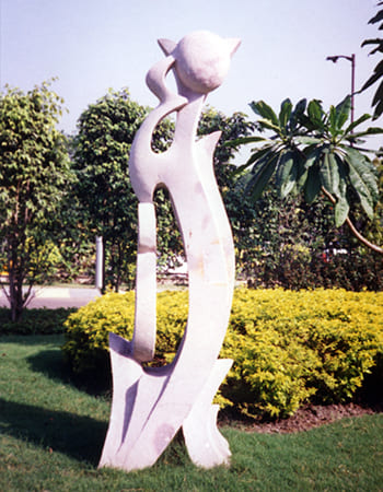 Corporate entrance stone sculpture featuring symbolic elements representing unity and strength
